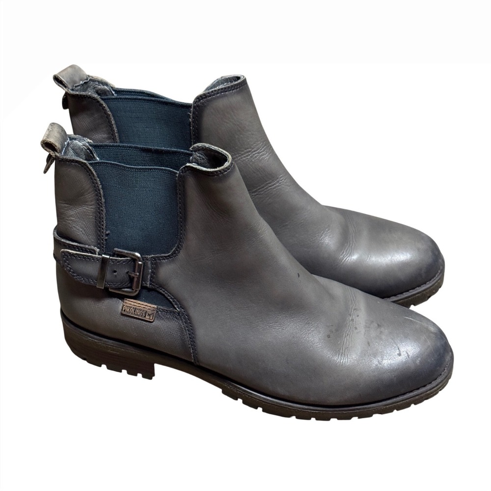 Pikolinos Womens Grey Leather Buckle Chelsea Ankle Boots Lug Sole Size 8
